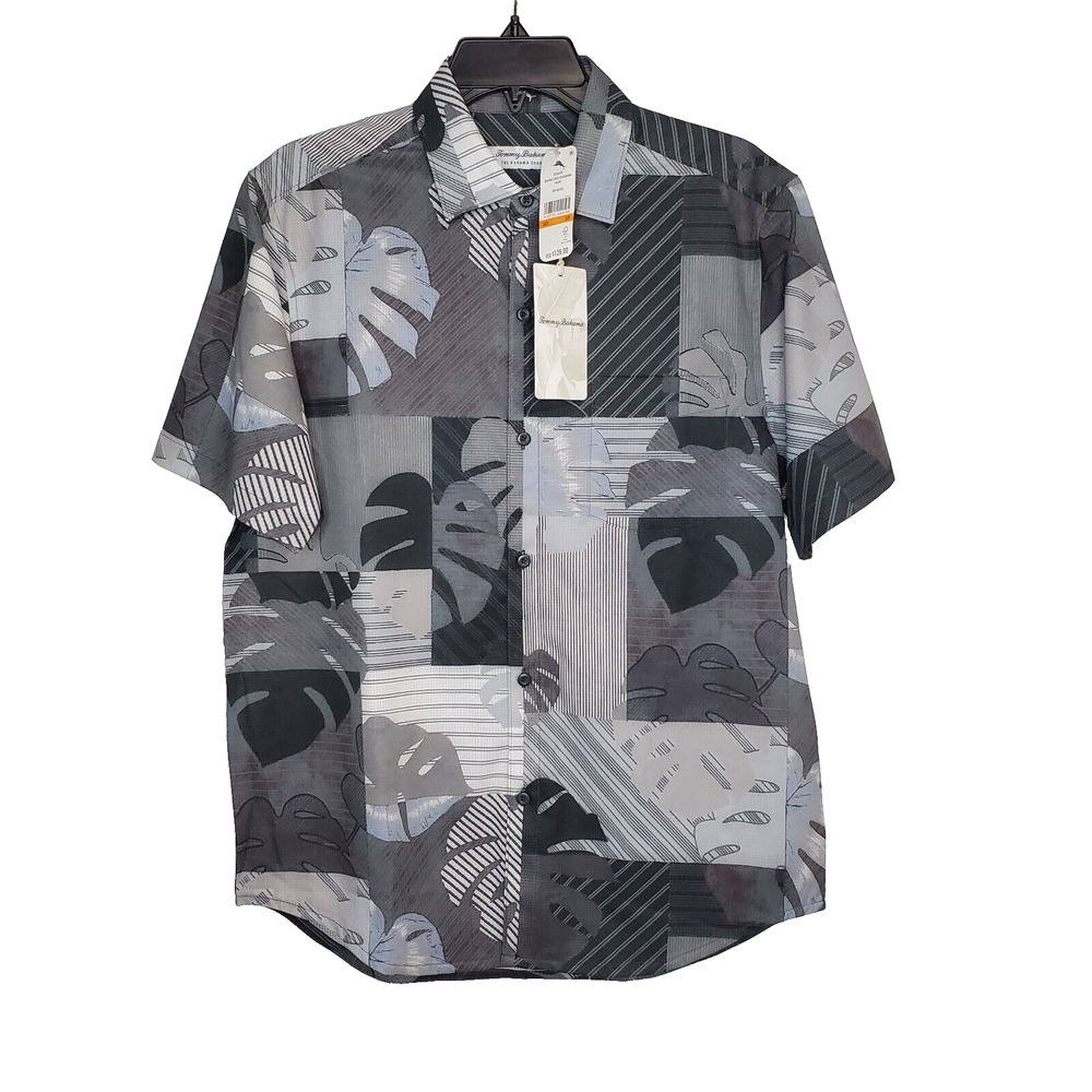 Tommy Bahama Mens Bahama Coast Patchwork Palms Camp Shirt Black Gray SZ S/P